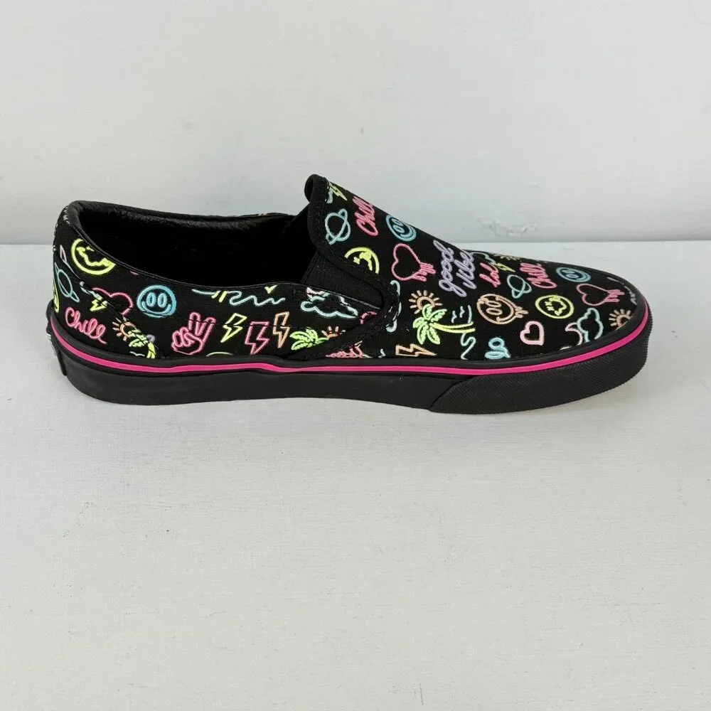 M6 W7.5- Vans Slip-On Glow In The Dark Black Neon Lights Emoji Skate Shoes